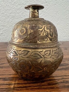 Vintage Indian Brass Floral Engraved Elephant Claw Temple Bell Set